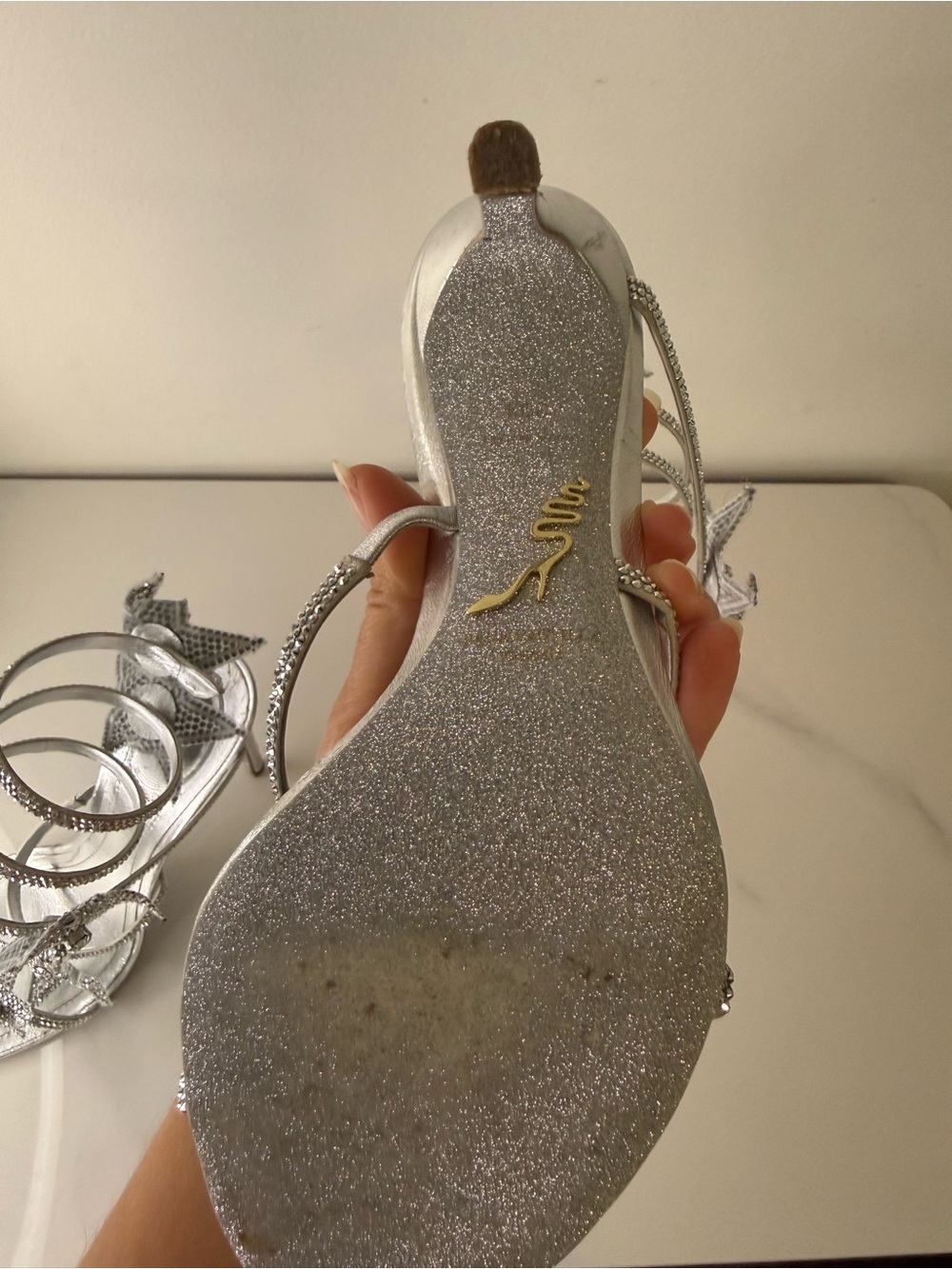 René Caovilla Cleo Star Silver Crystal Spiral Heels Sandals - Picture 13 of 13